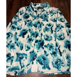 Covington Essentials Womens Teal White Abstract Print Button Down Blouse Large‎